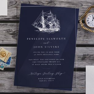 Invitations En Acrylique Illustration de navire nautique élégant Mariage bl