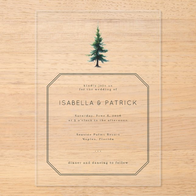 Invitations En Acrylique Illustration élégante d'un arbre vert (Recto)