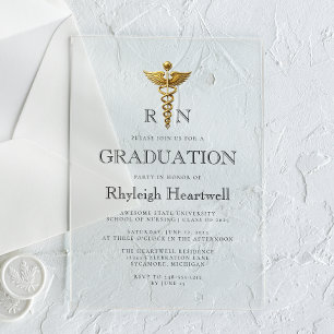 Invitations En Acrylique Infirmière RN Gold Caduceus Graduation Party