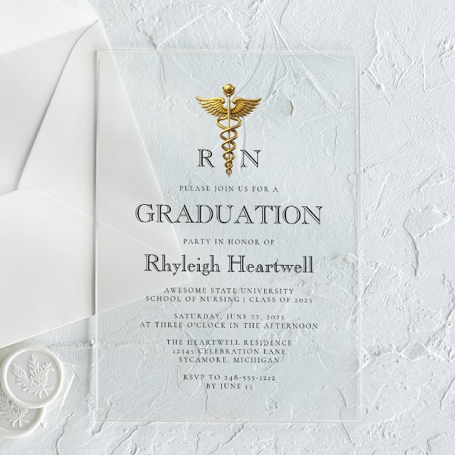 Invitations En Acrylique Infirmière RN Gold Caduceus Graduation Party (Créateur téléchargé)