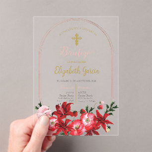 Invitations En Acrylique Invitación con flor roja para bautismo