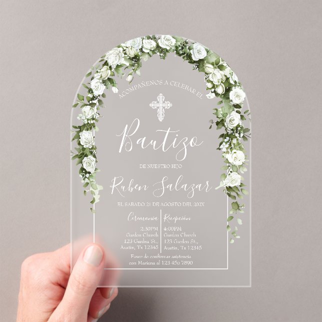 Invitations En Acrylique Invitación de bautismo acrílica con flores blancas (In situ (ordinateur de poche))