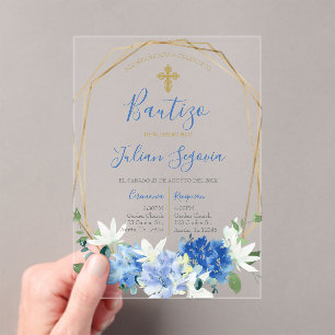 Invitations En Acrylique Invitación de bautismo floral azul en español