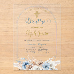 Invitations En Acrylique Invitación de bautismo floral azul en español invi