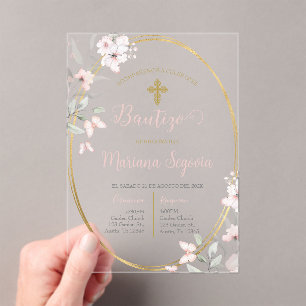 Invitations En Acrylique Invitación de bautismo floral rosa en español
