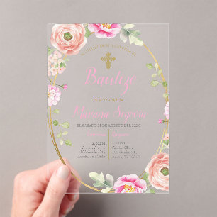 Invitations En Acrylique Invitación de bautismo floral rosa en español