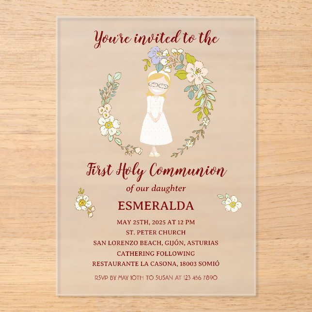 Invitations En Acrylique Invitación de Comunión sobre acrílico ESMERALDA (Recto)