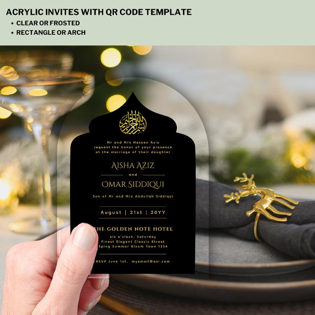 Invitations En Acrylique Islam Black Gold Nikah Mosquée musulmane Élégante (Créateur téléchargé)