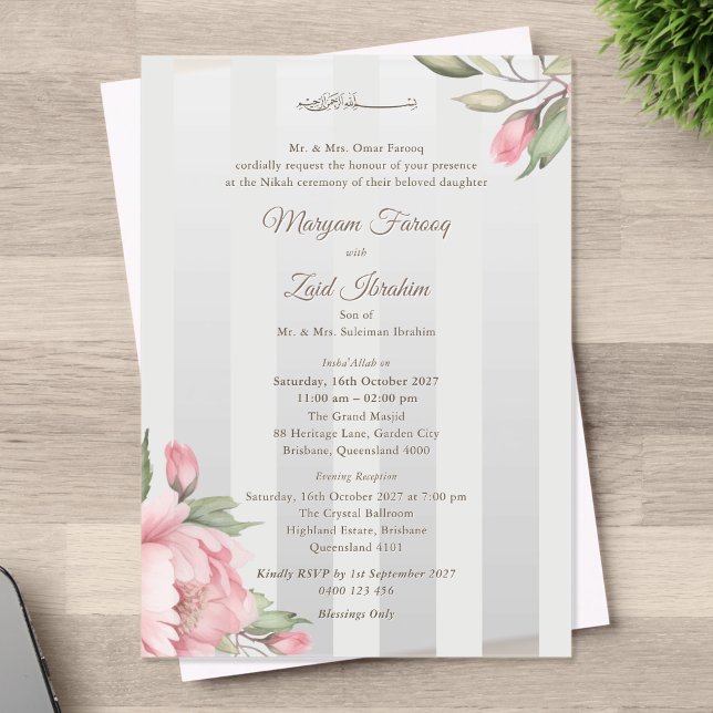 Invitations En Acrylique Islamic Wedding – Pink Peony & Sage Green Striped  (Créateur téléchargé)
