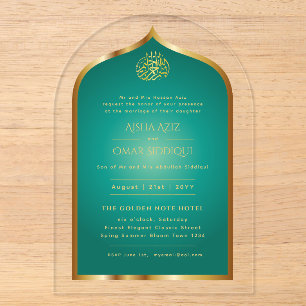 Invitations En Acrylique Islamique Or Vert Nikah Walima Musulman Élégant