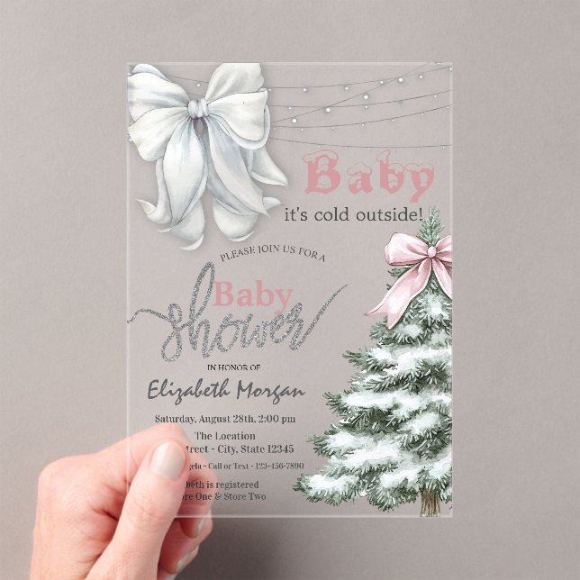 Invitations En Acrylique It's Cold Outside Pine Tree White Bow  Baby Shower (In situ (ordinateur de poche))