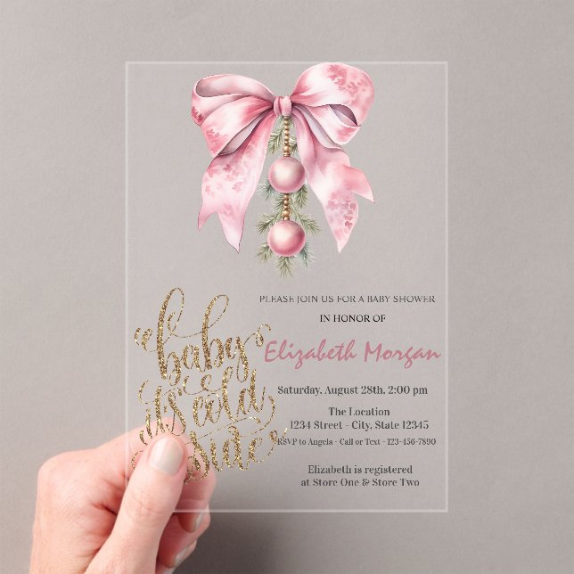 Invitations En Acrylique It's Cold Pink Bow Christmas Balls Baby Shower   (In situ (ordinateur de poche))