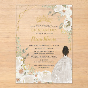 Invitations En Acrylique Ivoire Blanc Floral Marron Princesse Or Quinceaner
