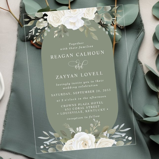 Invitations En Acrylique Ivoire et Sauge Élégant Mariage Floral (Créateur téléchargé)