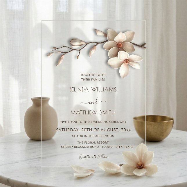 Invitations En Acrylique Ivory 3D Fleur de Magnolia Mariage Clair (Créateur téléchargé)