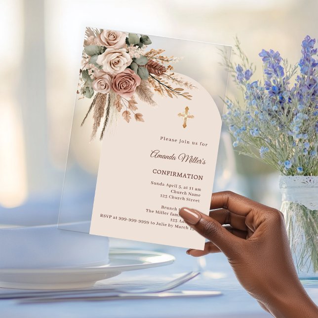 Invitations En Acrylique Ivory blush taupe roses pampas arch Confirmation (Créateur téléchargé)