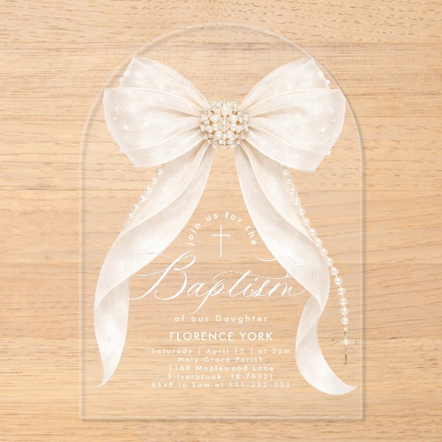 Invitations En Acrylique Ivory Bow Pearls Girl Baptism Religious (Recto)