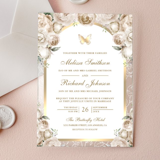 Invitations En Acrylique Ivory Cream Floral Gold Arch Butterfly Wedding (Créateur téléchargé)