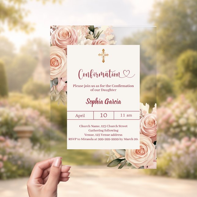 Invitations En Acrylique Ivory dusty rose florals luxury Confirmation (Créateur téléchargé)