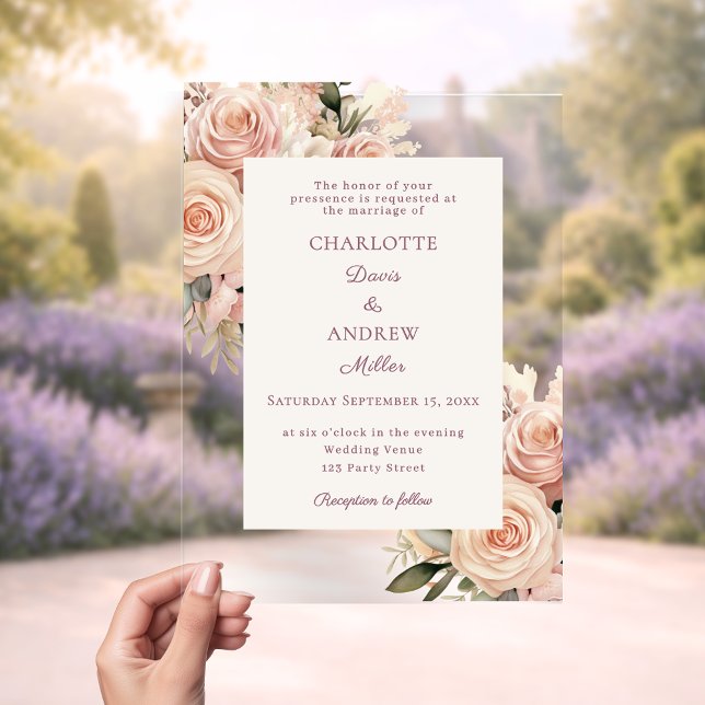 Invitations En Acrylique Ivory dusty rose florals luxury wedding (Créateur téléchargé)