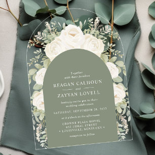 Invitations En Acrylique Ivory et sauge Mariage Floral Élégant Moderne en A