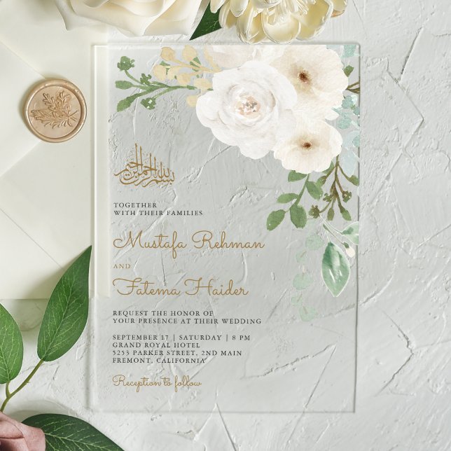 Invitations En Acrylique Ivory Floral Bouquet Islamic Muslim Wedding (Créateur téléchargé)