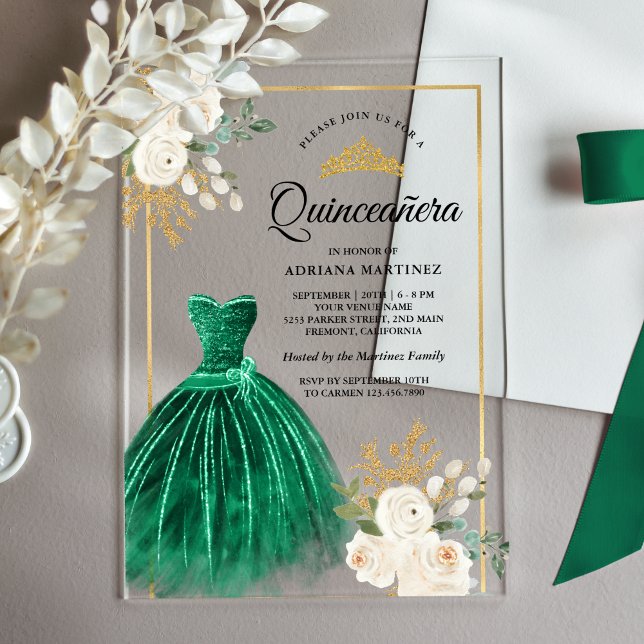 Invitations En Acrylique Ivory Floral Emerald Green Gown Gold Quinceanera (Créateur téléchargé)