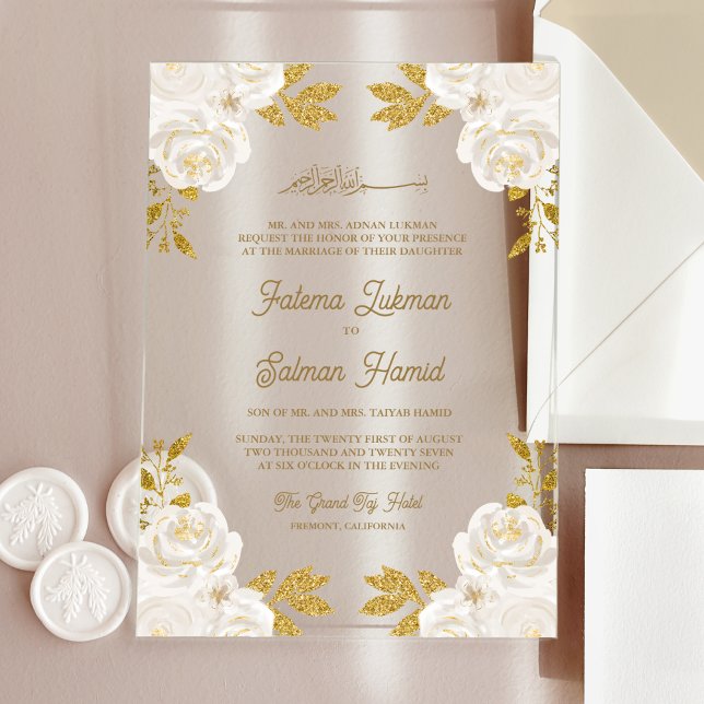 Invitations En Acrylique  Ivory Floral Gold Glitter Islamic Muslim Wedding (Créateur téléchargé)
