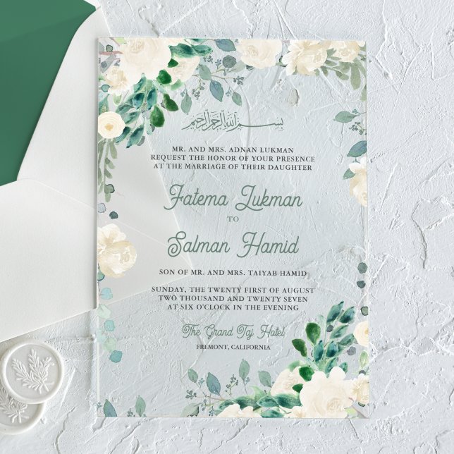 Invitations En Acrylique Ivory Floral Sage Green Leaves Islamic Wedding (Créateur téléchargé)