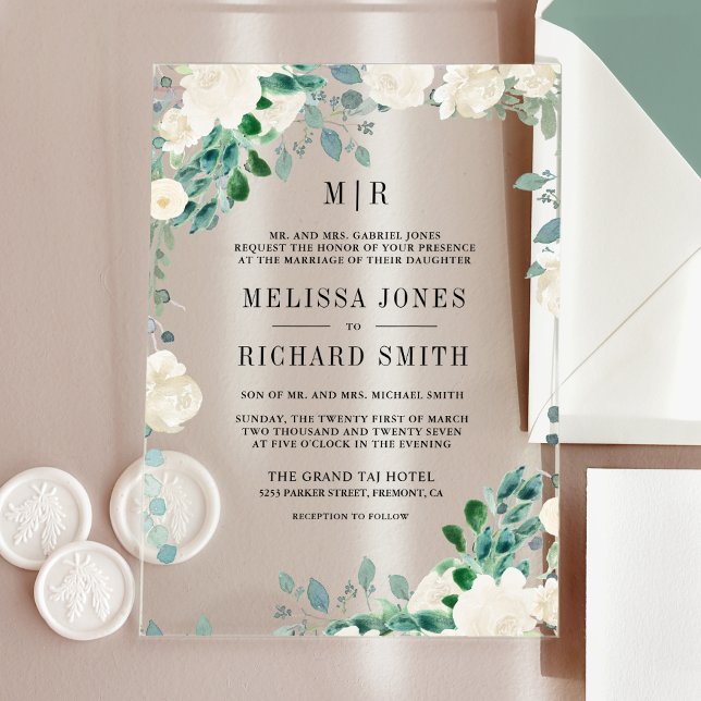 Invitations En Acrylique Ivory Floral Sage Green Leaves Wedding (Créateur téléchargé)
