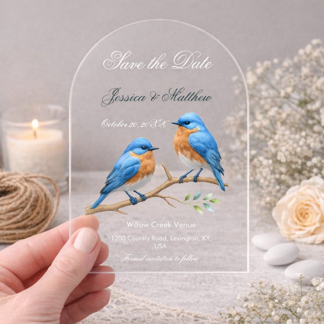 Invitations En Acrylique Ivory Pastel Lovebirds Romantique Bluebirds Mariag (Créateur téléchargé)