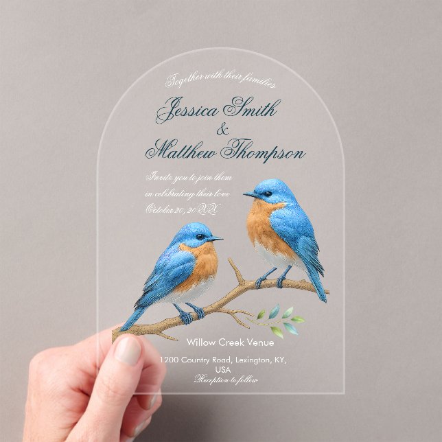 Invitations En Acrylique Ivory Pastel Lovebirds Romantique Bluebirds Mariag (In situ (ordinateur de poche))