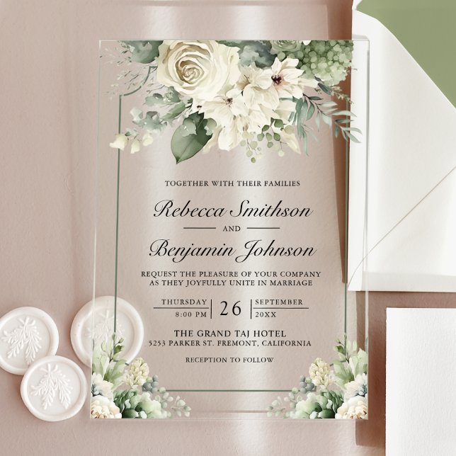 Invitations En Acrylique Ivory Rose Sage Green Floral Wedding (Créateur téléchargé)