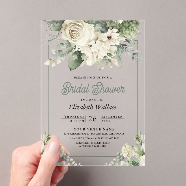 Invitations En Acrylique Ivory Sage Green Floral Mariage Shower (In situ (ordinateur de poche))