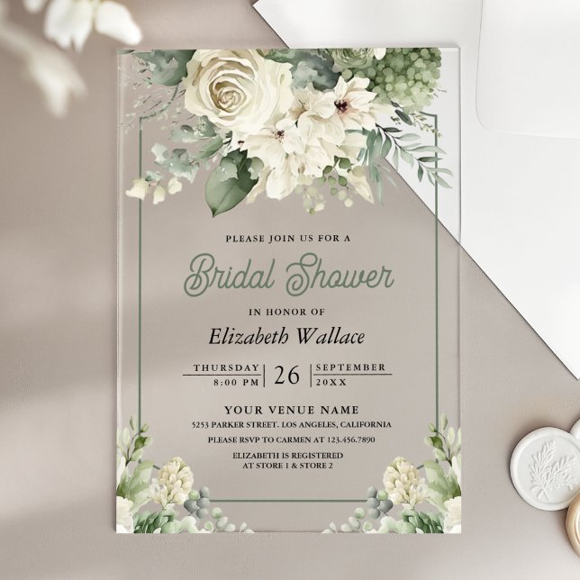Invitations En Acrylique Ivory Sage Vert Floral Mariage (Créateur téléchargé)