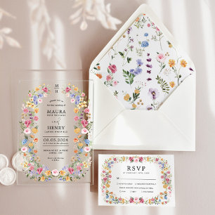 Invitations En Acrylique Jardin de Fleurs Sauvages Élégant avec Monogramme
