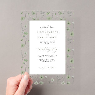 Invitations En Acrylique Jardin de fleurs sauvages vert sauge floral mariag