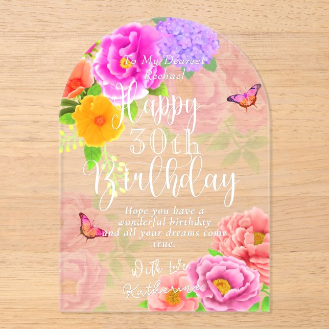Invitations En Acrylique Jardin des pivoines romantiques Joyeux anniversair (Recto)