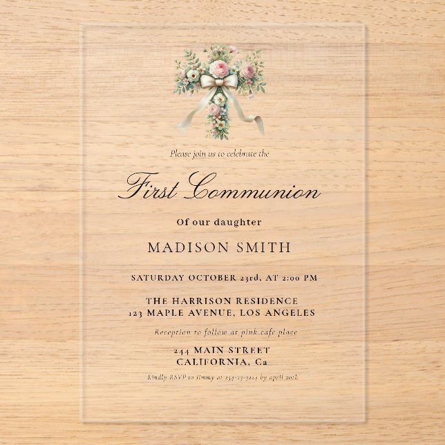 Invitations En Acrylique Jardin Fleur sauvage élégant Première Communion Sa (Recto)