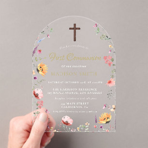 Invitations En Acrylique Jardin Fleur sauvage élégant Première Communion Sa