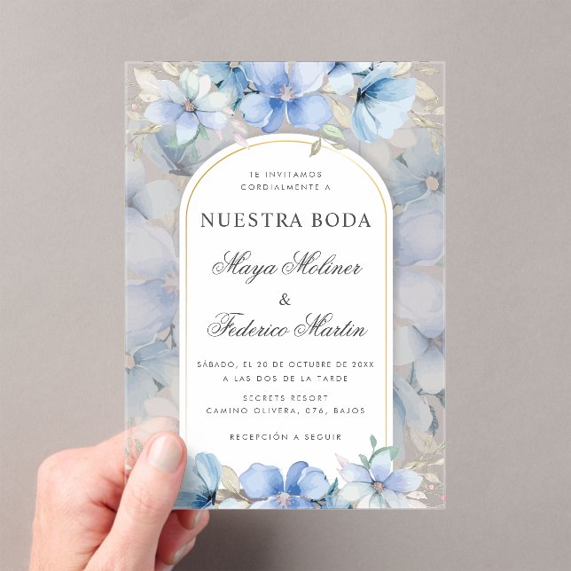 Invitations En Acrylique Jardin Floral Bleu Nuestra Boda Mariage espagnol (In situ (ordinateur de poche))