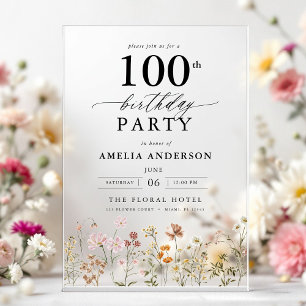 Invitations En Acrylique Jardin Floral Calligraphie 100e anniversaire