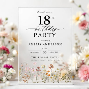 Invitations En Acrylique Jardin Floral Calligraphie 18e anniversaire