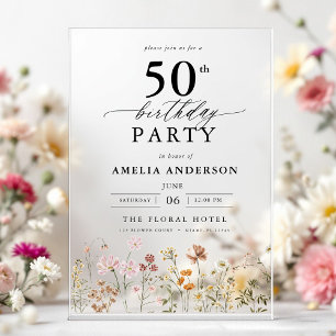 Invitations En Acrylique Jardin Floral Calligraphie 50e anniversaire