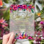Invitations En Acrylique Jardin tropical Hibiscus vif Juste Amour Mariage<br><div class="desc">Ces magnifiques invitations de mariage acrylique présentent un décor de jardin tropical coloré avec des fleurs d'hibiscus roses chaudes ou fuchsia ainsi qu'un oiseau jaune marigé de paradis, de monstère et de feuilles de palmiers. L'écriture dorée moderne dit "Nothing Fancy, Just Love" avec d'élégants swashes et fleurit sur les extrémités...</div>