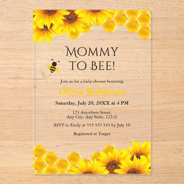 Invitations En Acrylique Jaune Floral Honeycomb Maman to Bee Baby shower (Recto)