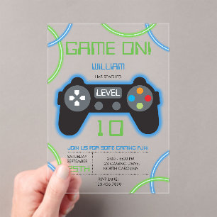 Invitations En Acrylique Jeu vidéo Neon Blue & Green Anniversaire Party