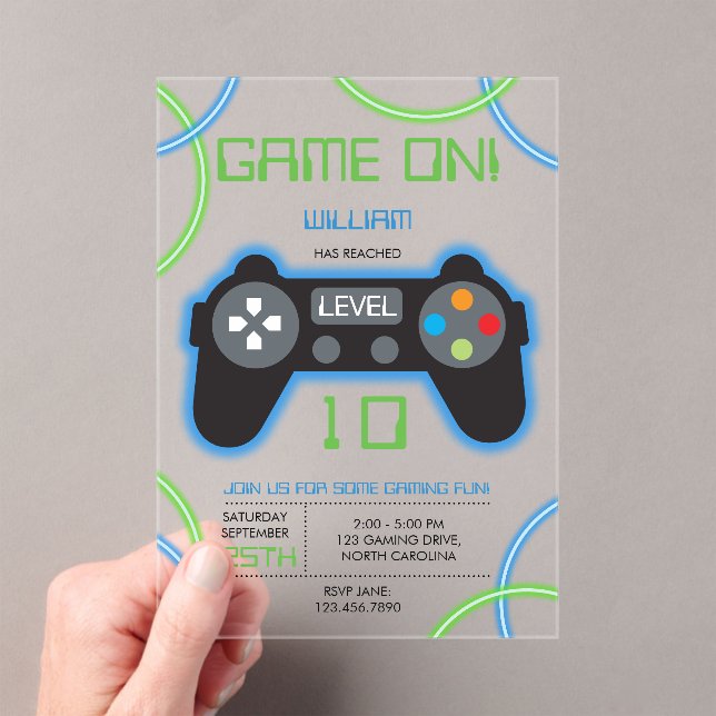 Invitations En Acrylique Jeu vidéo Neon Blue & Green Anniversaire Party (In situ (ordinateur de poche))