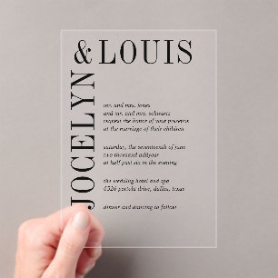 Invitations En Acrylique Jocelyn Mariage moderne noir et blanc
