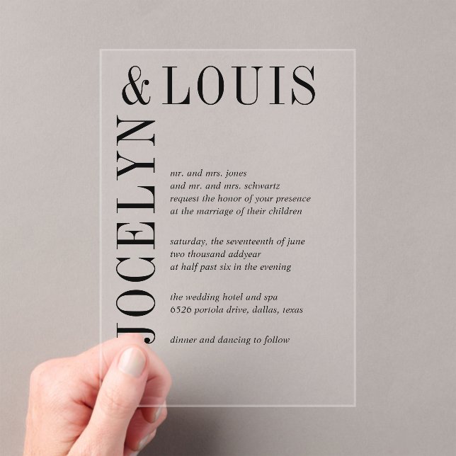 Invitations En Acrylique Jocelyn Mariage moderne noir et blanc (In situ (ordinateur de poche))